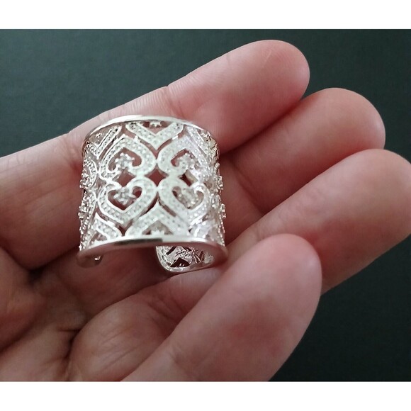 925 Sterling Silver Tall Cuff Style Cigar Band Heart Ring Open Filigree Boho - Picture 8 of 10